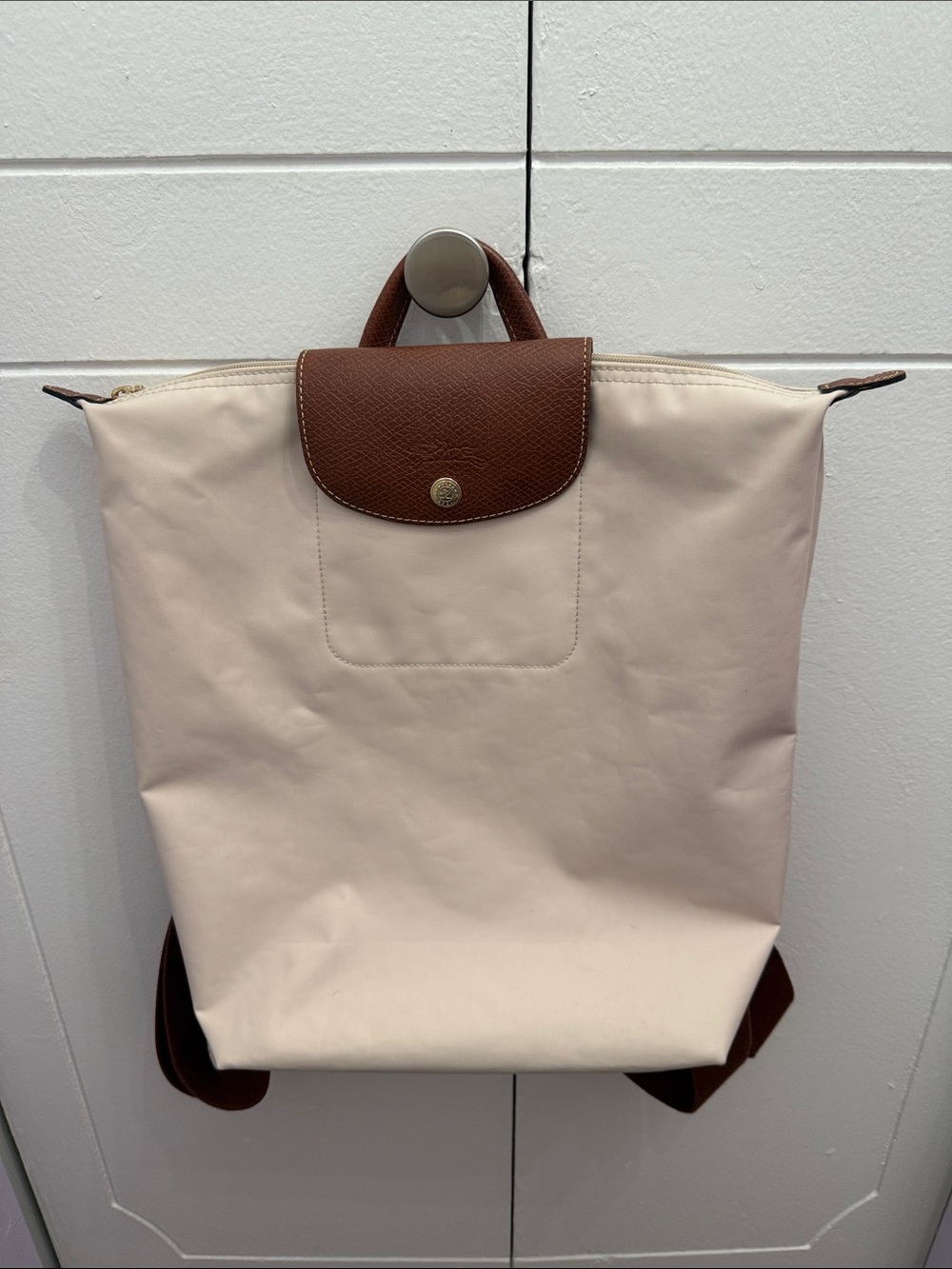 Longchamp Le Pliage Cream M Backpack with Brown Leather Flap